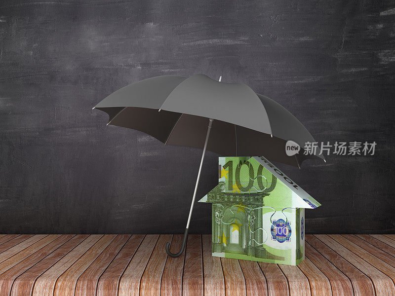 雨伞与欧元票据拼图房子在木地板-黑板背景- 3D渲染